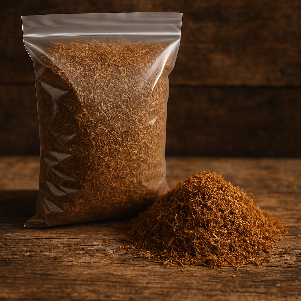 Tutun firicel ambalat la pungă premium, proaspăt și de calitate pe masă rustică